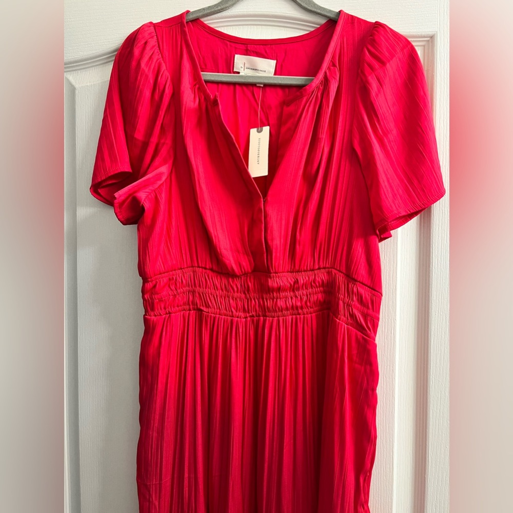 NWT Anthropologie Somerset Maxi Bright Pink Satiny Dress Sz M Pockets Flattering - Picture 5 of 14